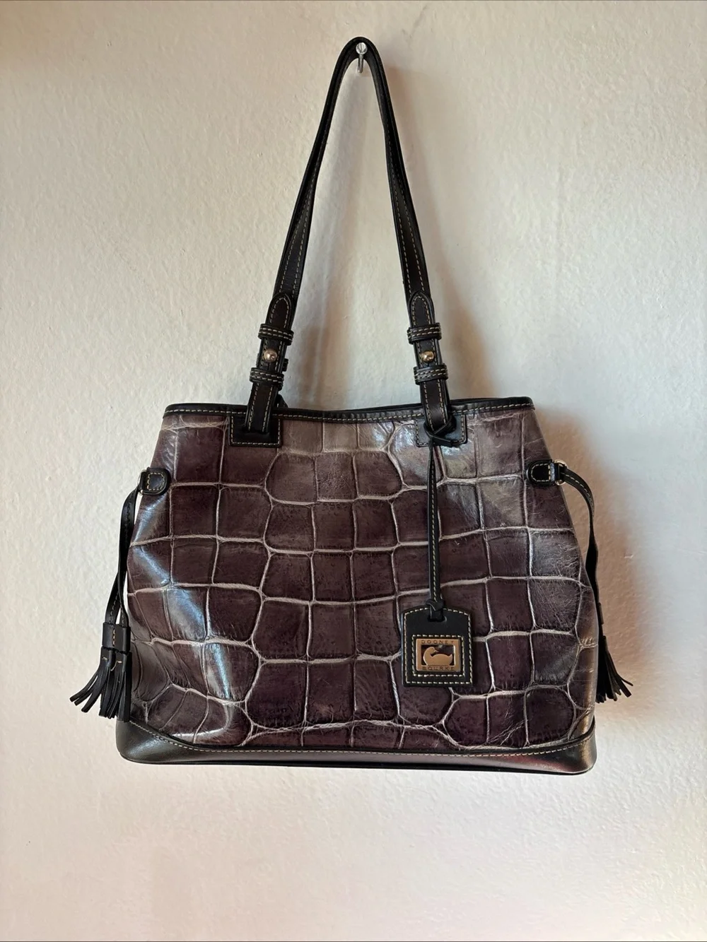 Dooney & Bourke Croc-Embossed Shoulder Tote - Deep Brown with Black Trim
